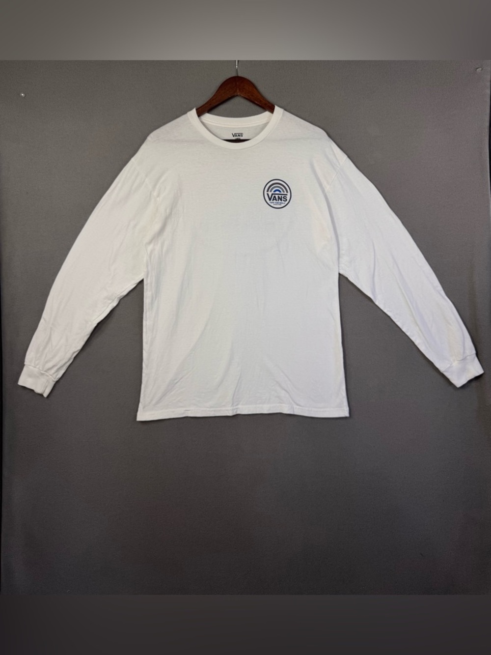 Vans White Long-Sleeve Tee with Blue Logo on Front and Back, Large
